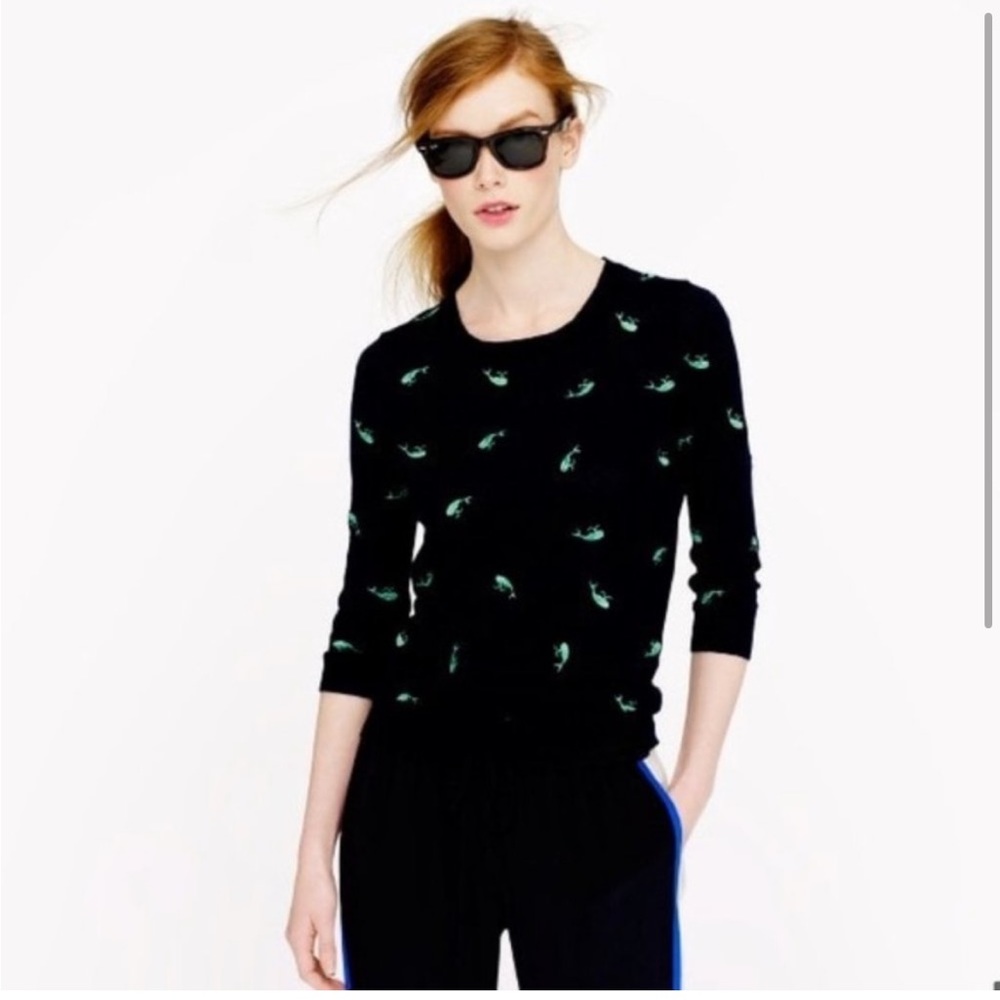JCrew navy sweater with Kelly green whales